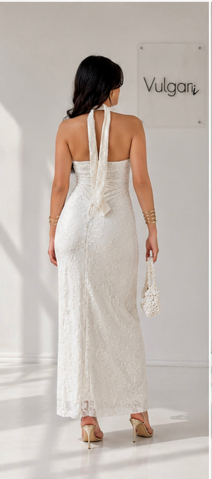 Rochie Maxi Elegantă Albă cu Broderie & Paiete – Decolteu Halter