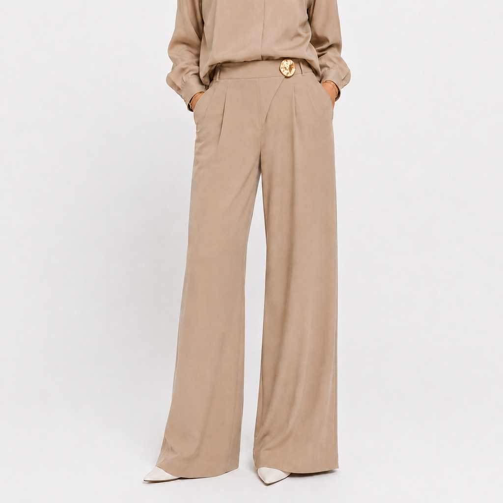 Set damă elegant cămașă și pantaloni palazzo, talie înaltă, croi larg, office, casual chic, premium