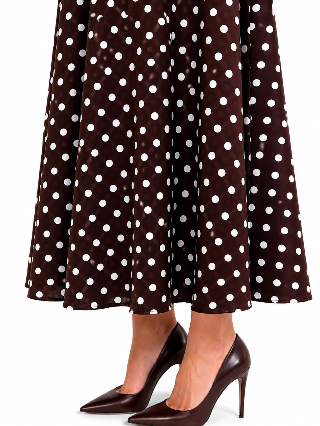 Rochie dama eleganta midi cu buline, fara maneci, croi clos, guler inalt, maro cu buline albe, casual, office, de ocazie