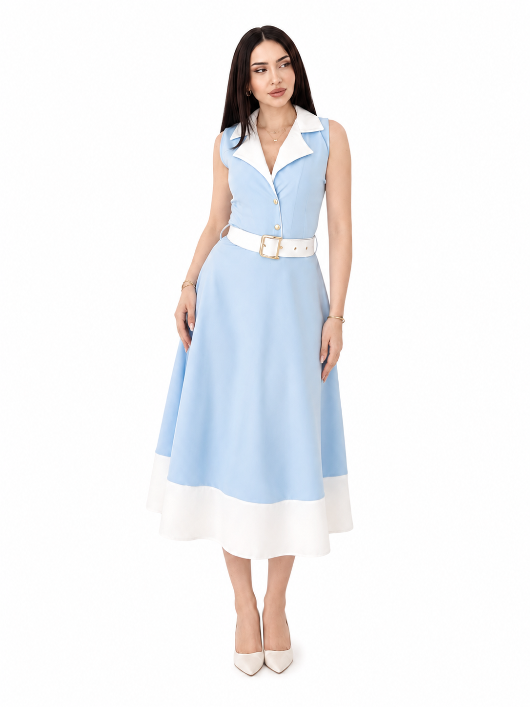 Rochie dama eleganta midi cu curea inclusa, fara maneci, croi clos, albastru deschis cu alb, office, casual, de ocazie