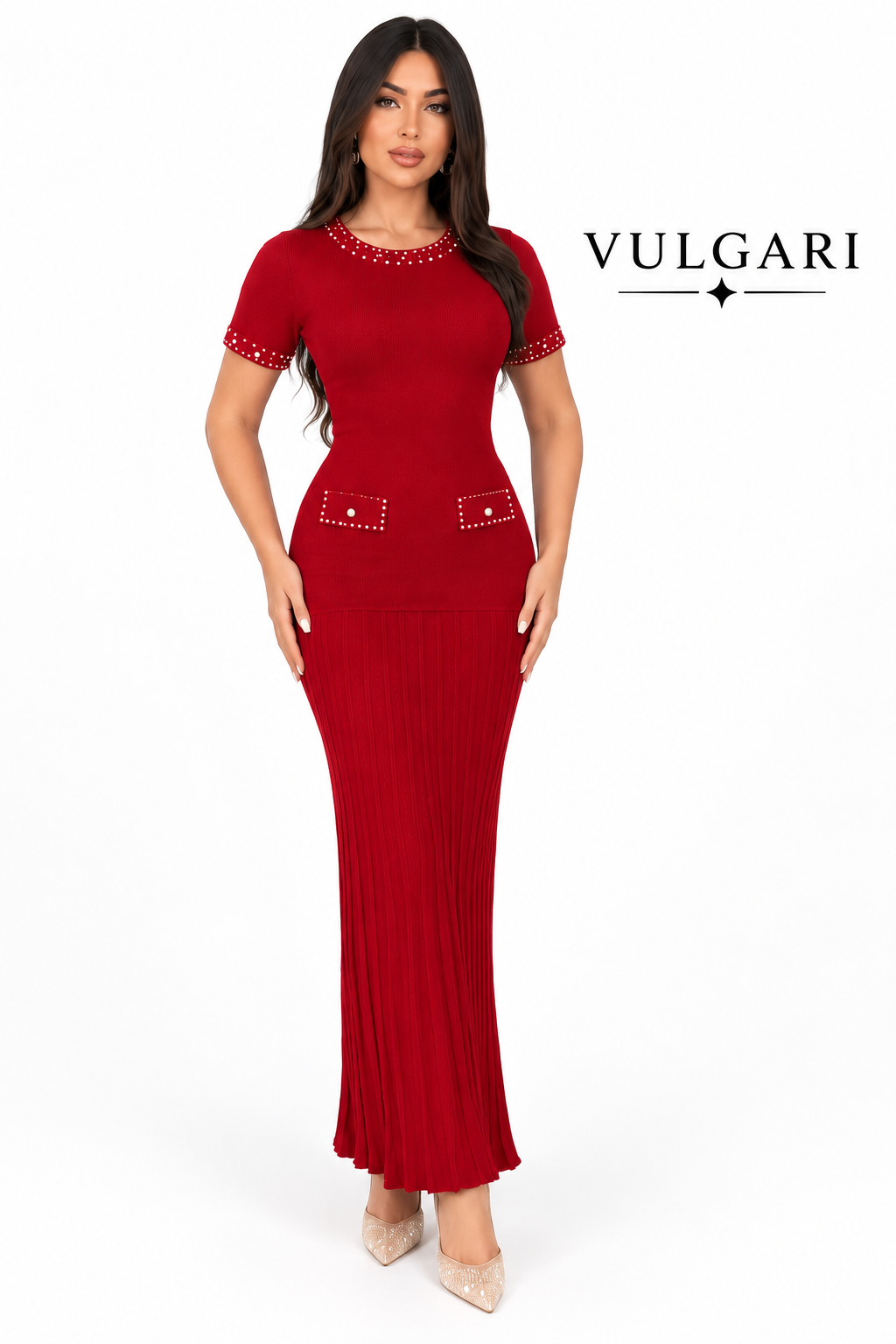 Rochie maxi roșie cu perle decorative