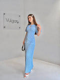 Rochie Lungă Bleu Damă, Design Perforat, Elegantă, cu Jupă Inclusă