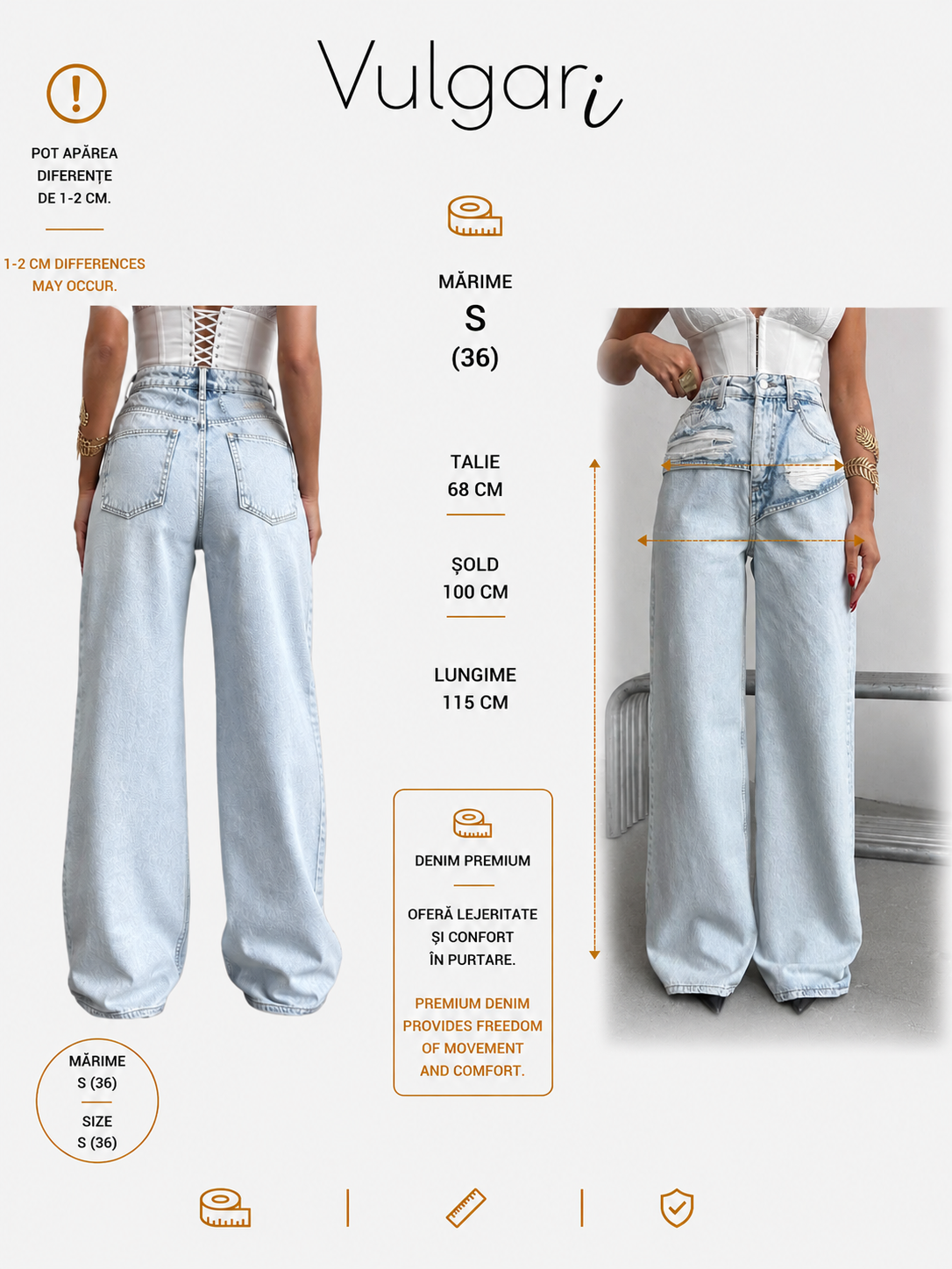 Set Damă Denim Vulgari, Top Corset din Blugi și Pantaloni Wide Leg, Talie Înaltă, Albastru Deschis