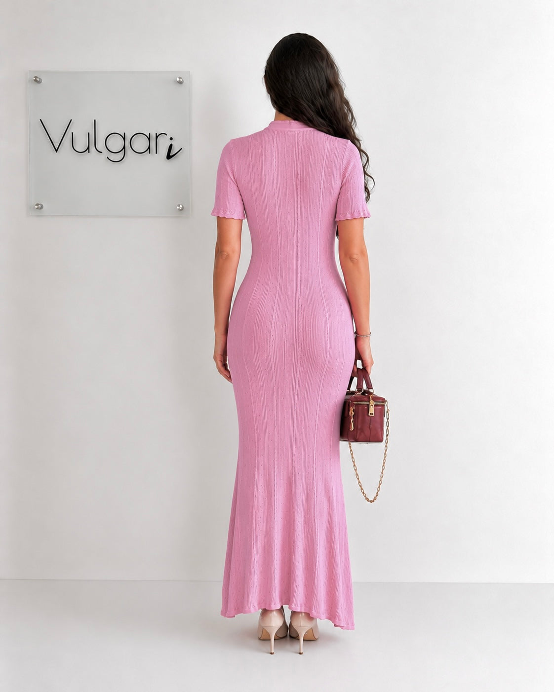 Rochie Lungă Damă Roz, Croială Mulată, Nasturi Decorativi, Elegantă de Vară