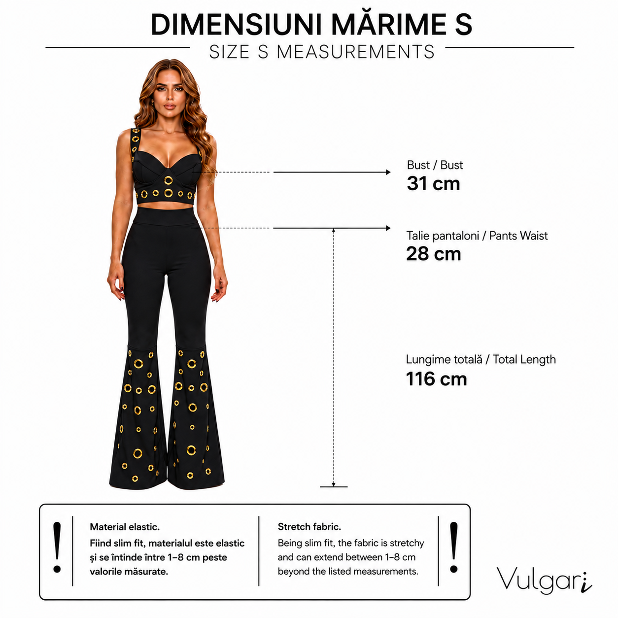 Compleu Damă Elegance Gold, Negru , Top și Pantaloni Evazați cu Detalii Aurii