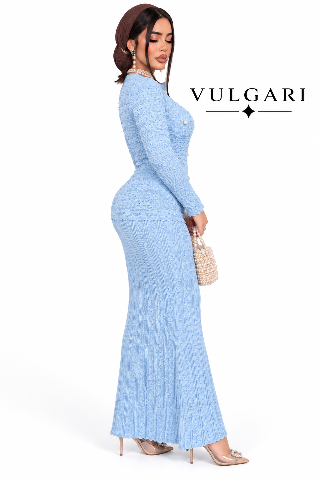 Rochie maxi bleu texturată cu nasturi perlați