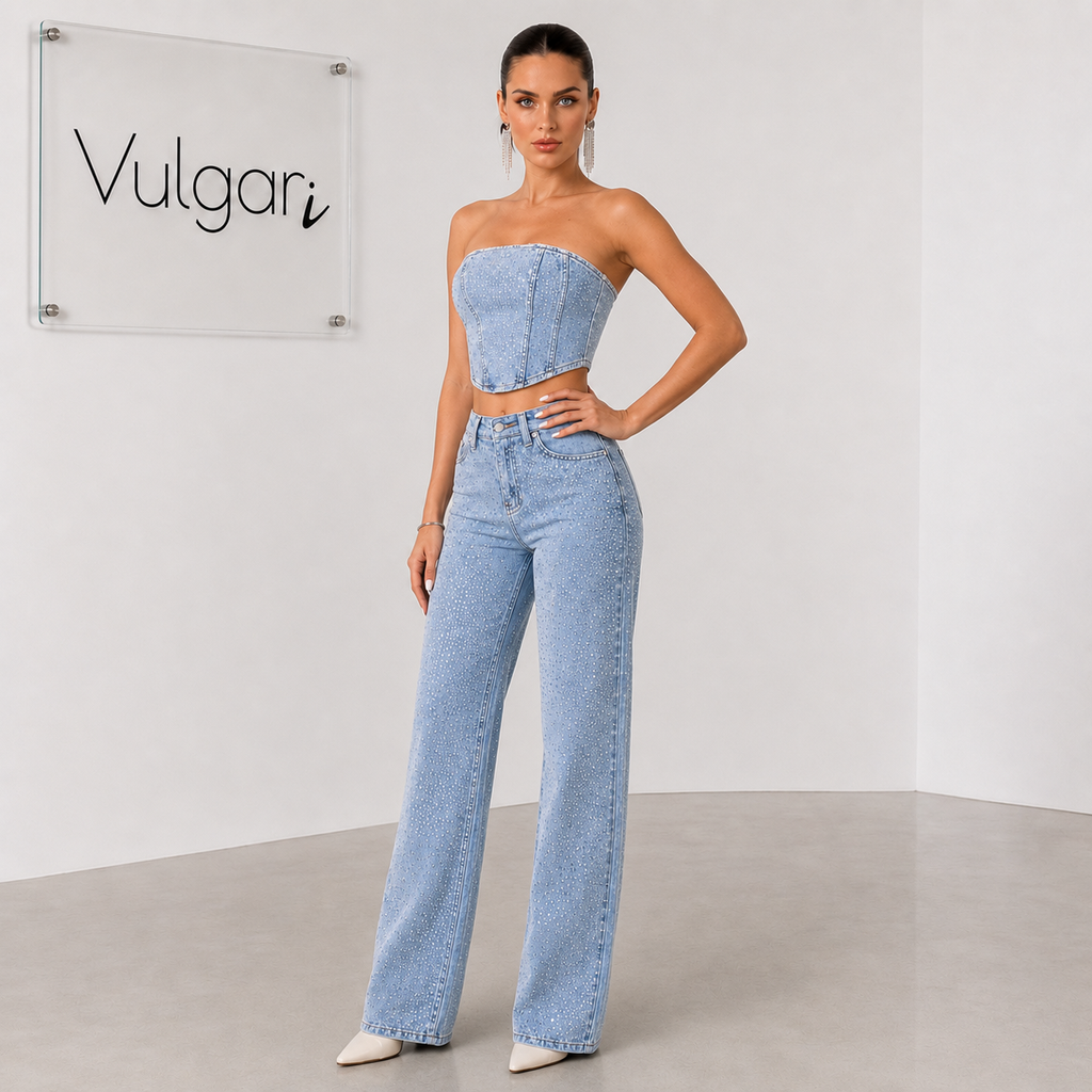 Compleu Damă Denim cu Pietre Diamond, Top Corset și Blugi Wide Leg, Albastru Deschis