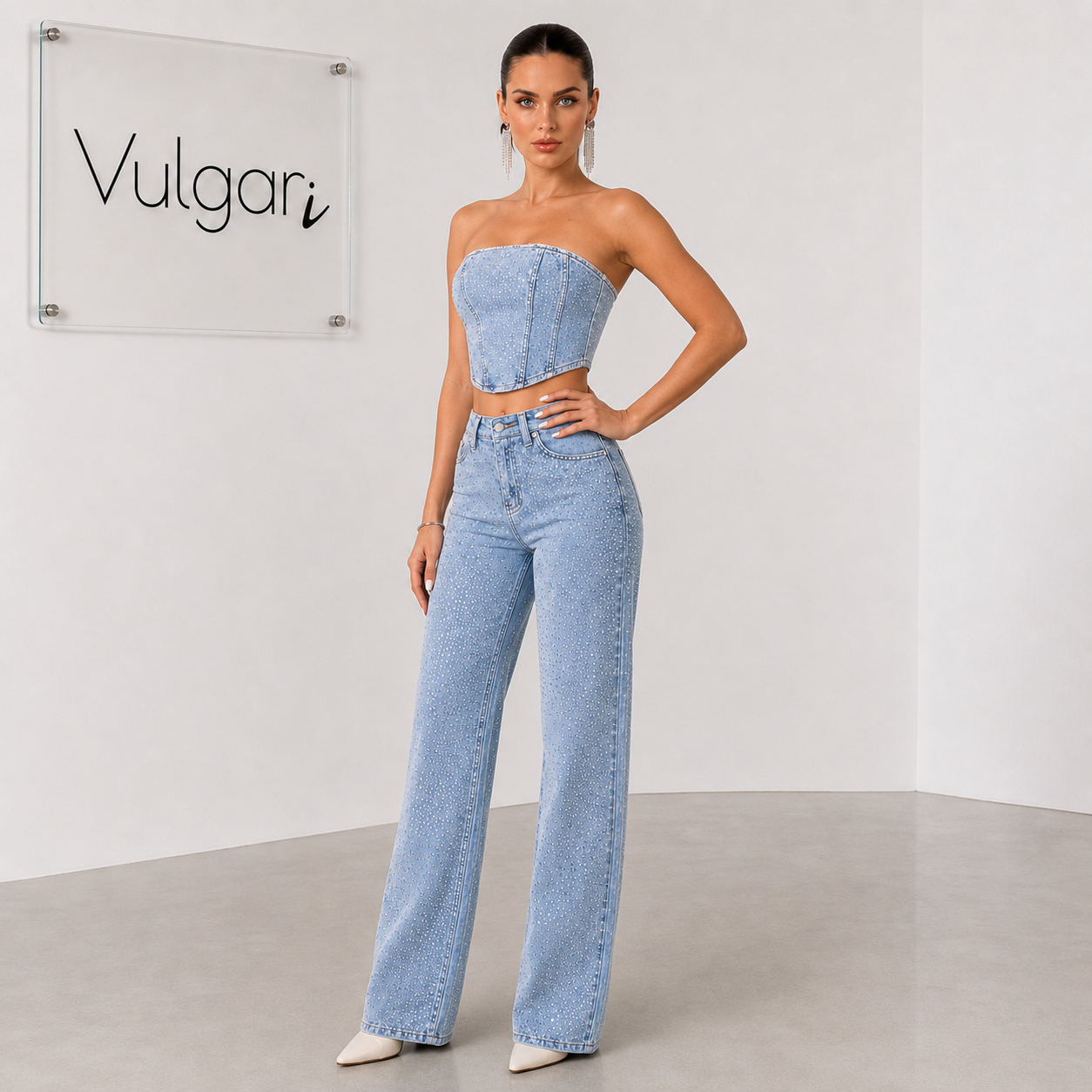 Compleu Damă Denim cu Pietre Diamond, Top Corset și Blugi Wide Leg, Albastru Deschis