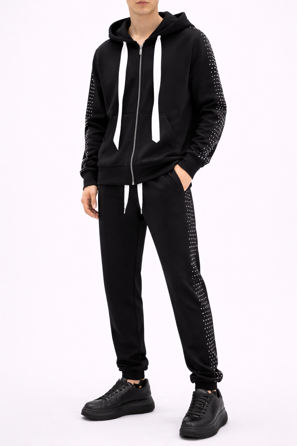 Trening Unisex cu Pietricele Strălucitoare – Set Hanorac cu Fermoar și Pantaloni Sport Elegant