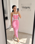 Rochie midi damă elegantă alb-roz cu curea în talie