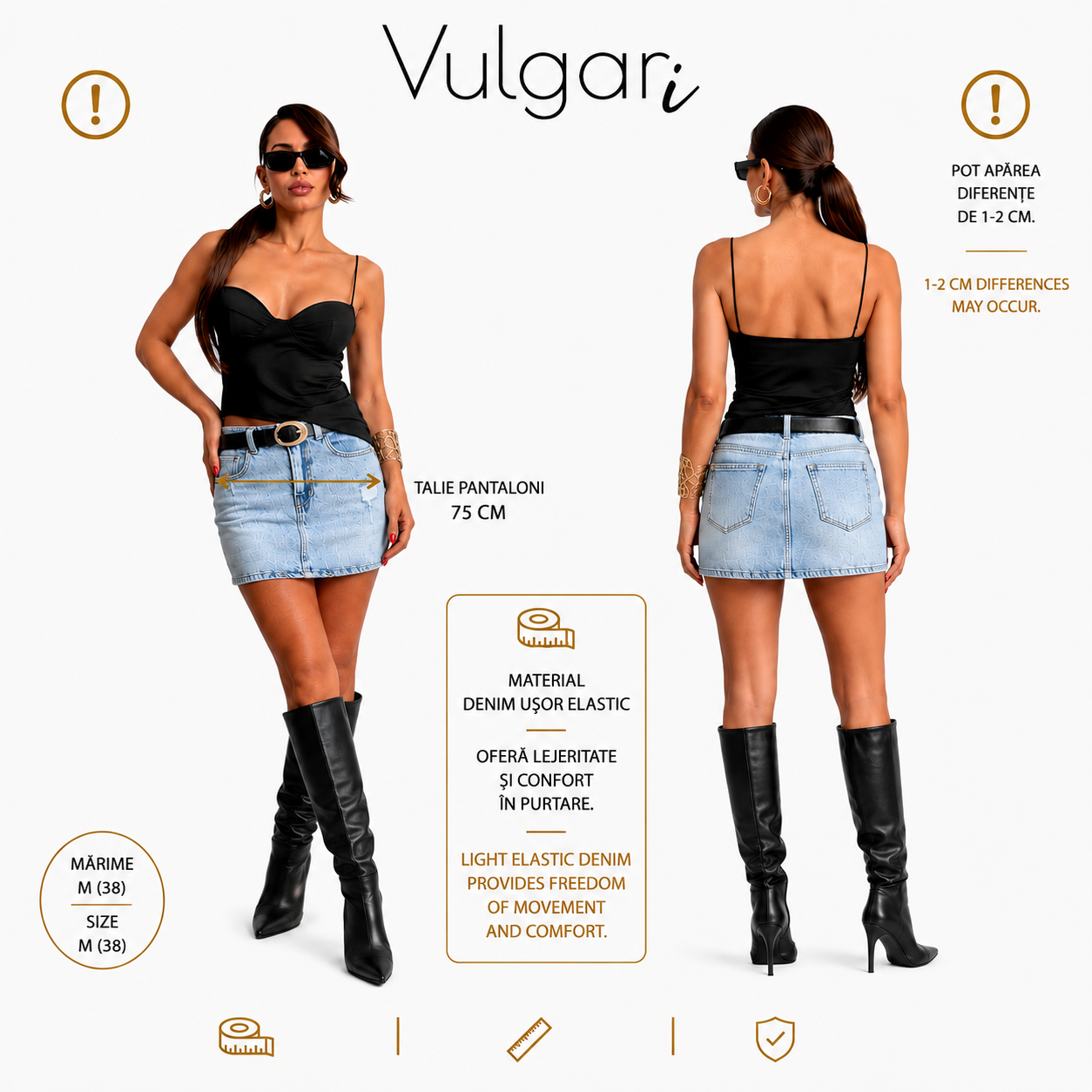 Fustă-pantalon damă denim (Skort), talie înaltă, albastru deschis, cu pantaloni scurți integrați