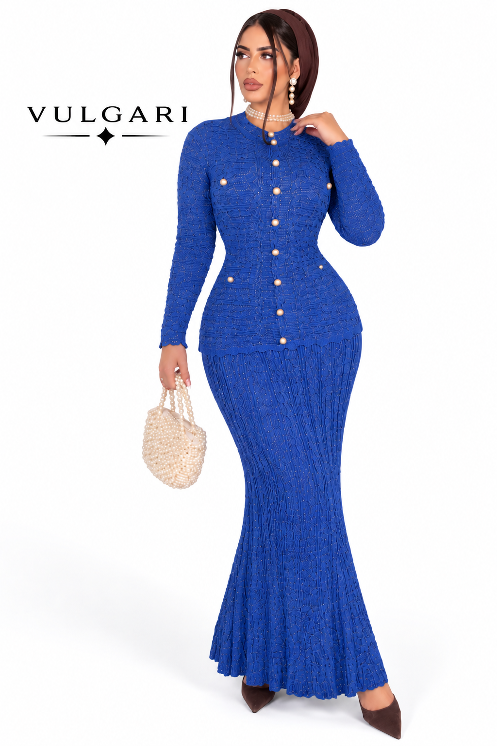 Rochie maxi bleumarin texturată cu nasturi perlați