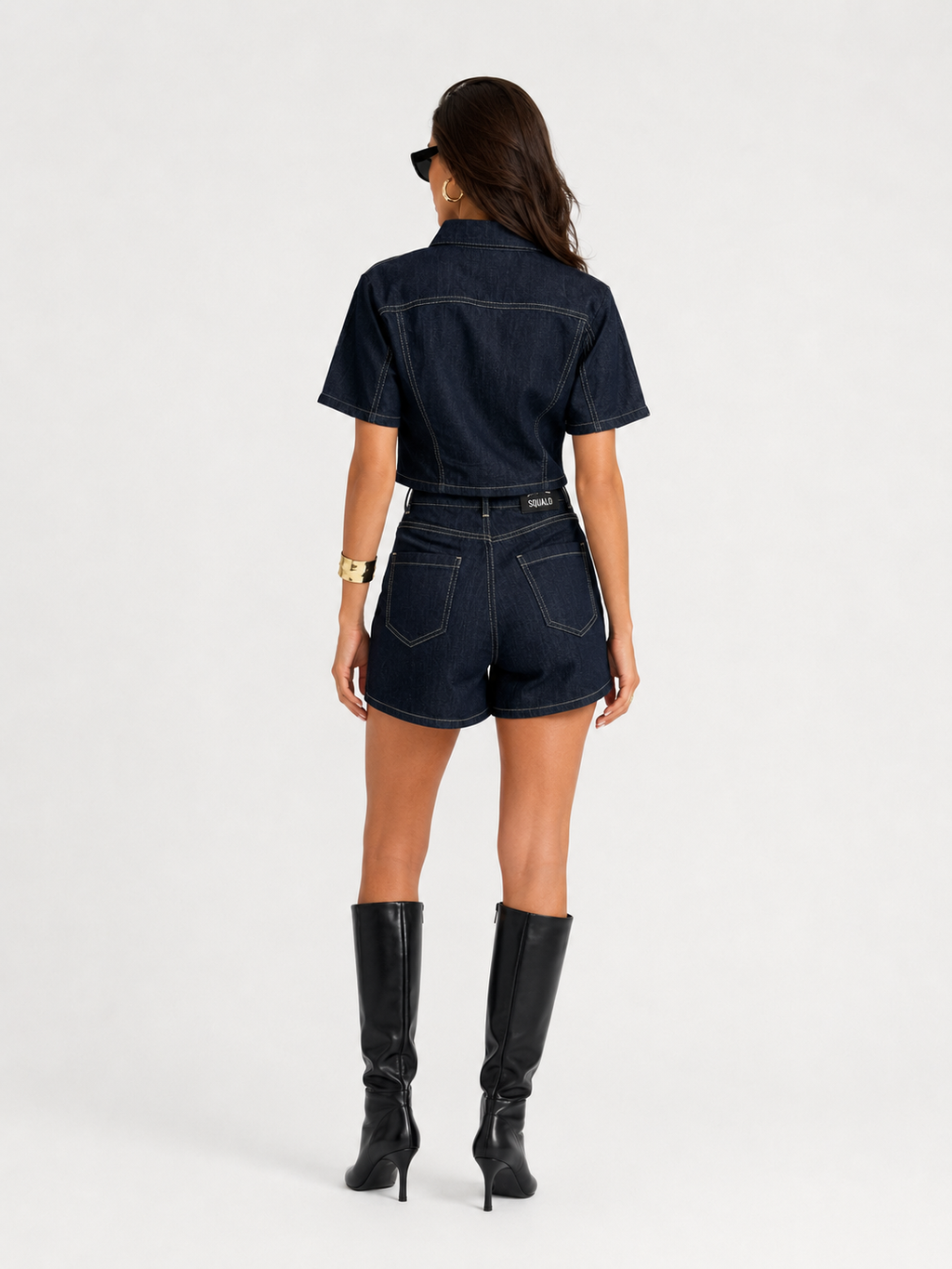 Compleu damă denim 2 piese, cămașă scurtă și fustă-pantalon asimetrică, albastru închis