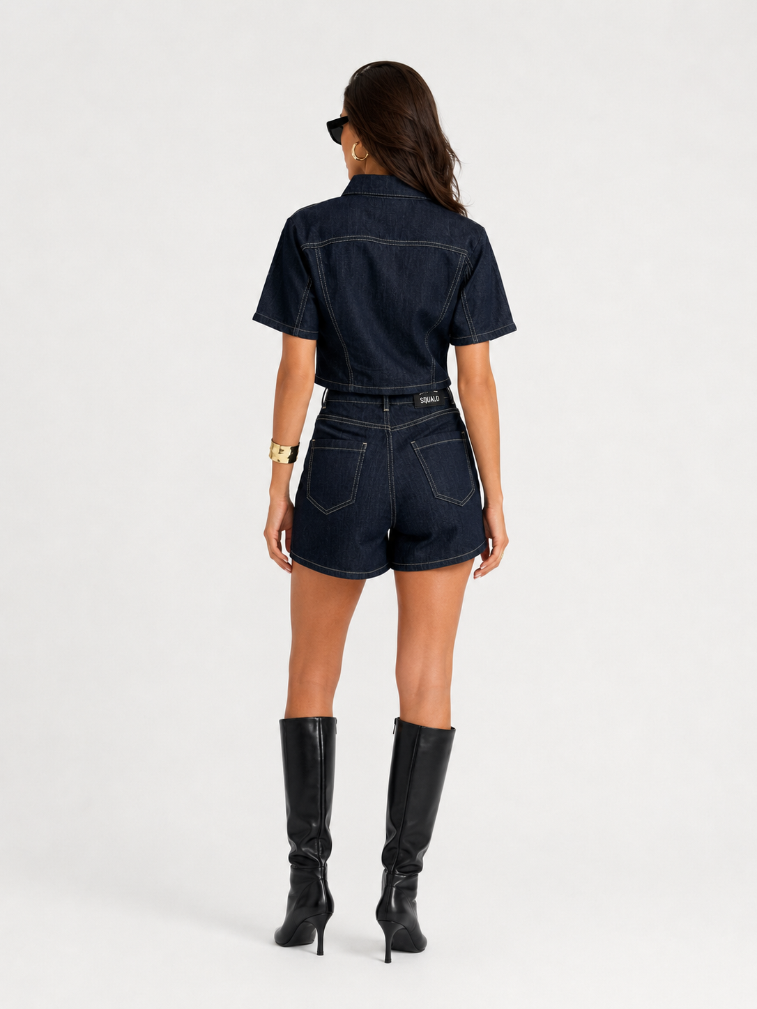 Compleu damă denim 2 piese, cămașă scurtă și fustă-pantalon asimetrică, albastru închis
