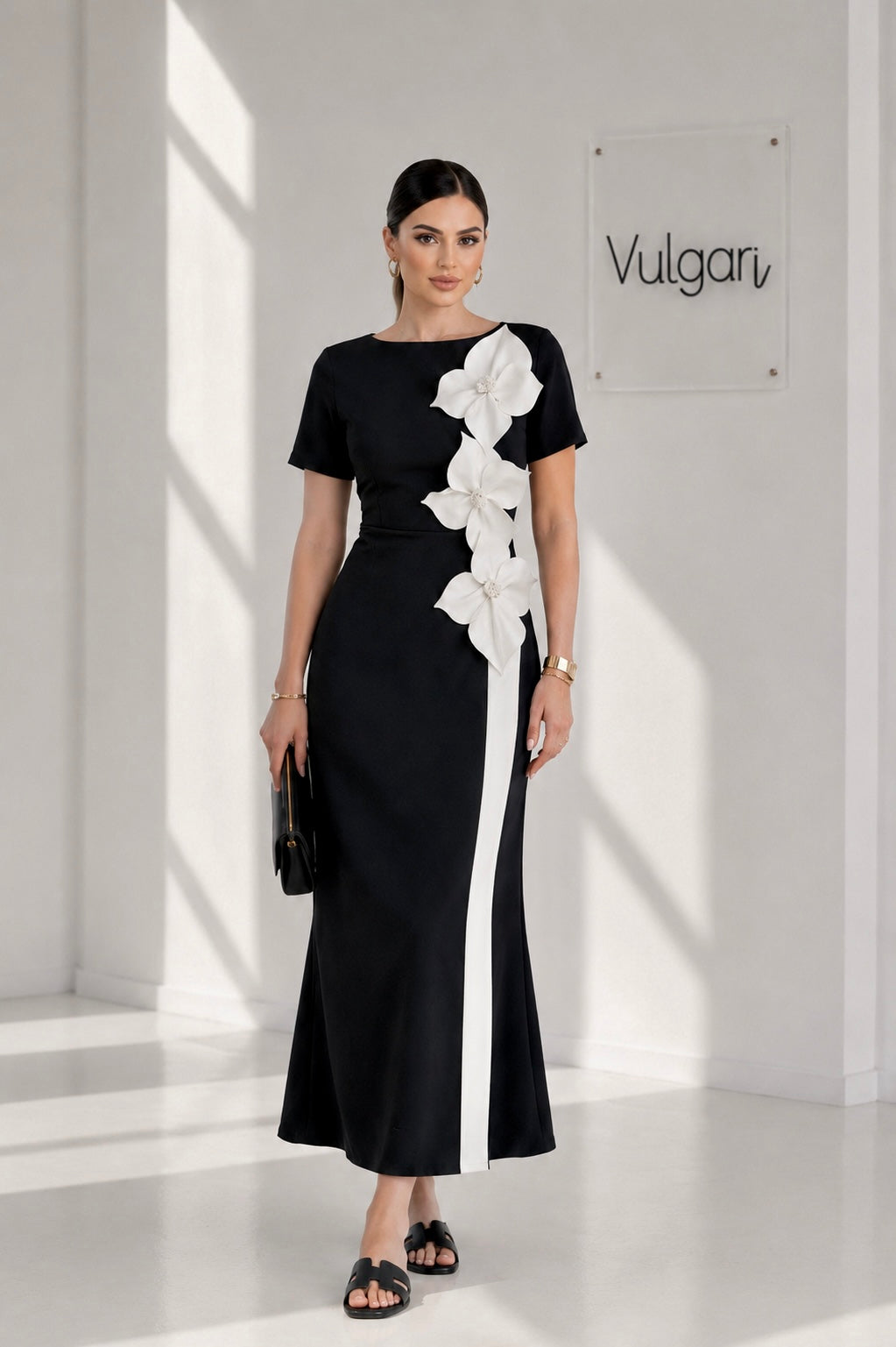 Rochie Midi Neagră cu Aplicații Florale 3D – Eleganță Premium | Vulgari