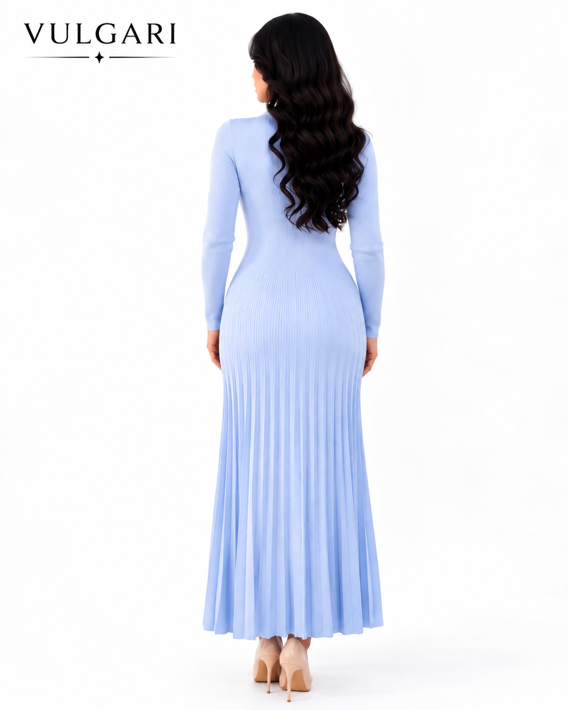 Rochie maxi bleu tricotată cu nasturi și guler