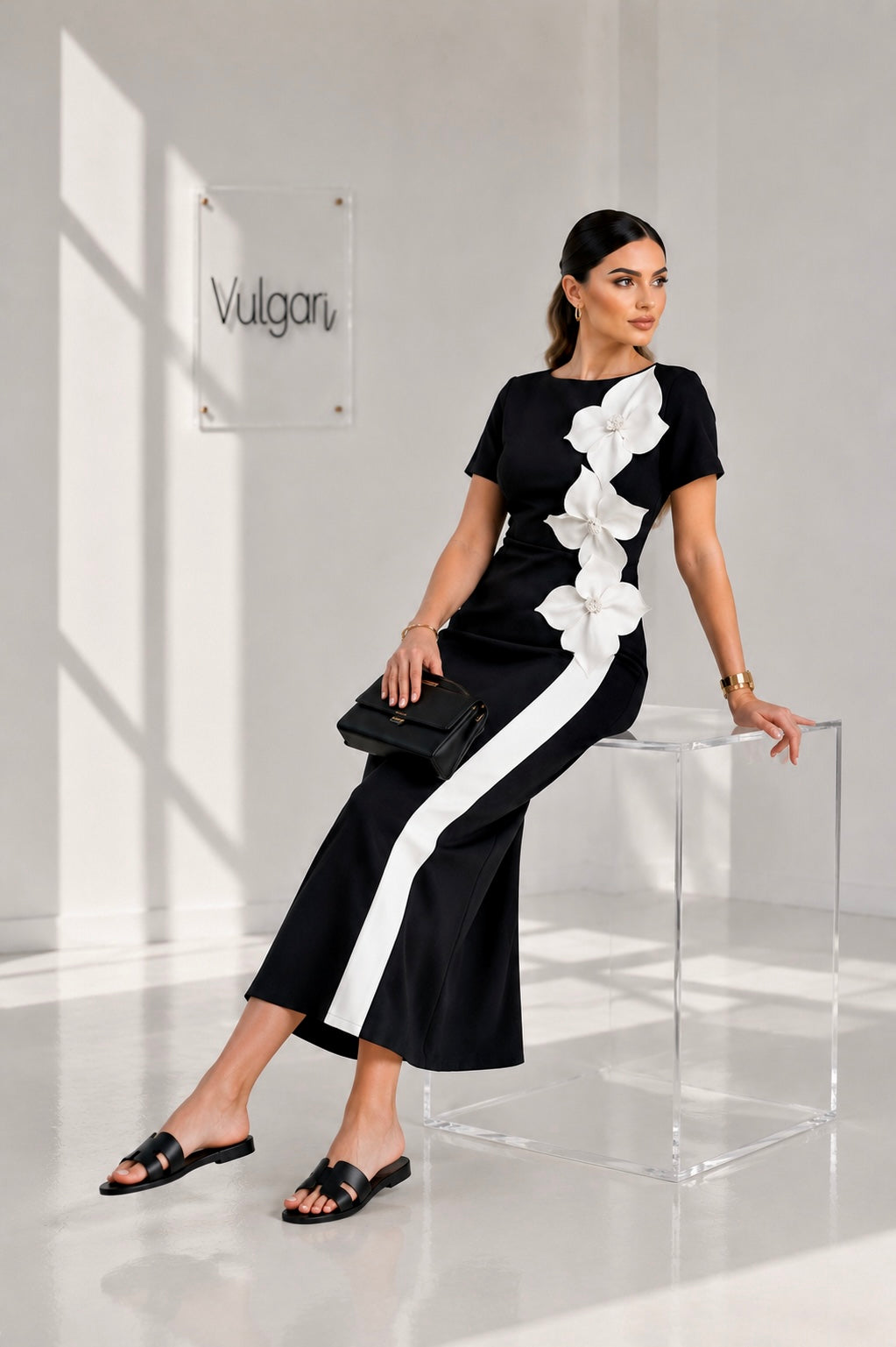 Rochie Midi Neagră cu Aplicații Florale 3D – Eleganță Premium | Vulgari