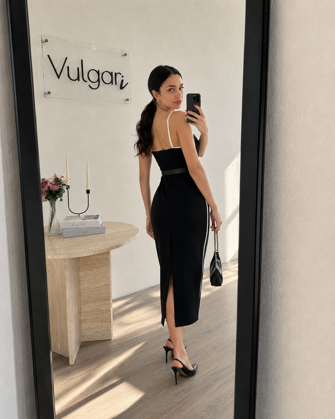 Rochie midi damă elegantă alb-negru cu curea în talie