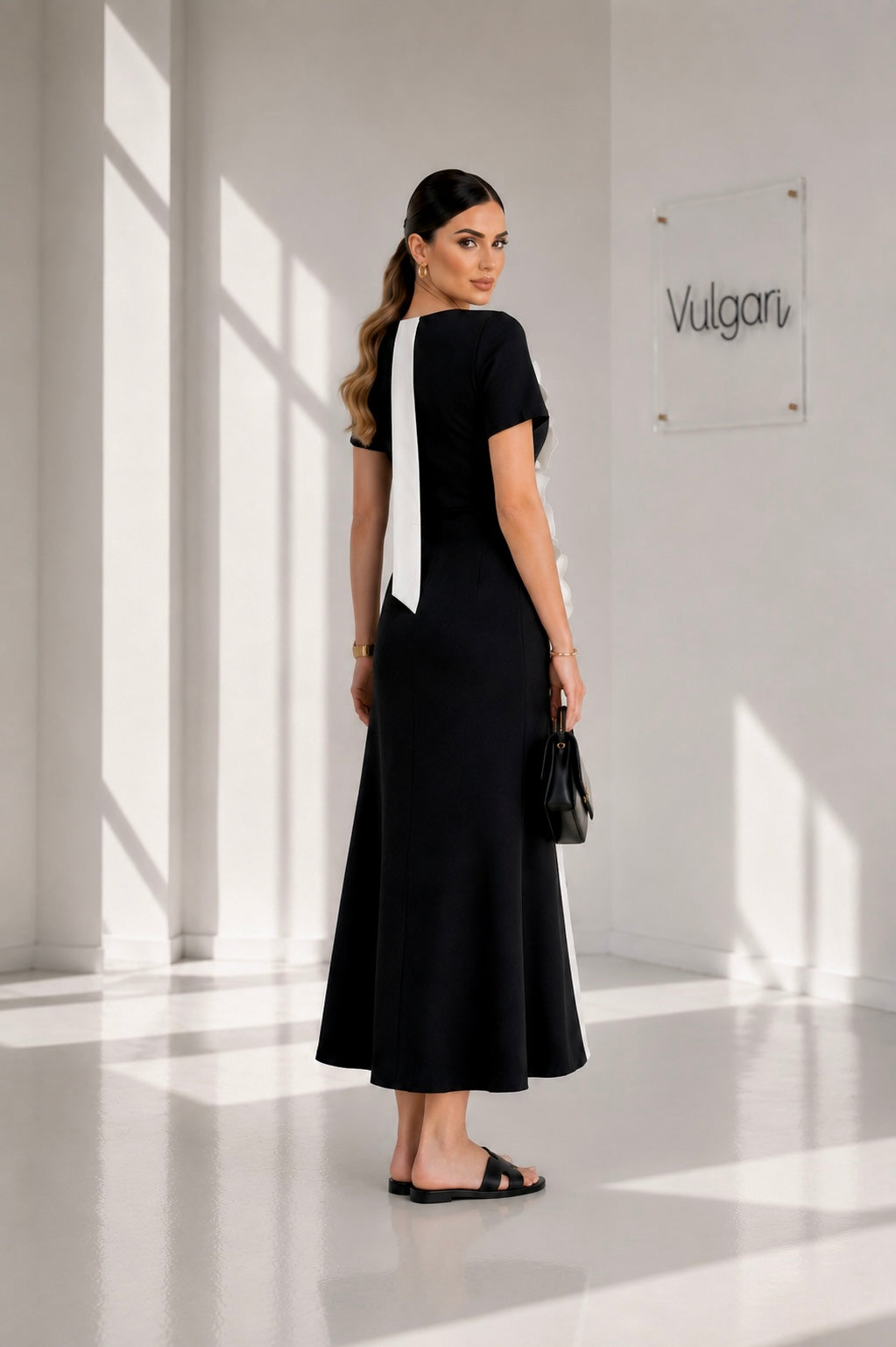 Rochie Midi Neagră cu Aplicații Florale 3D – Eleganță Premium | Vulgari