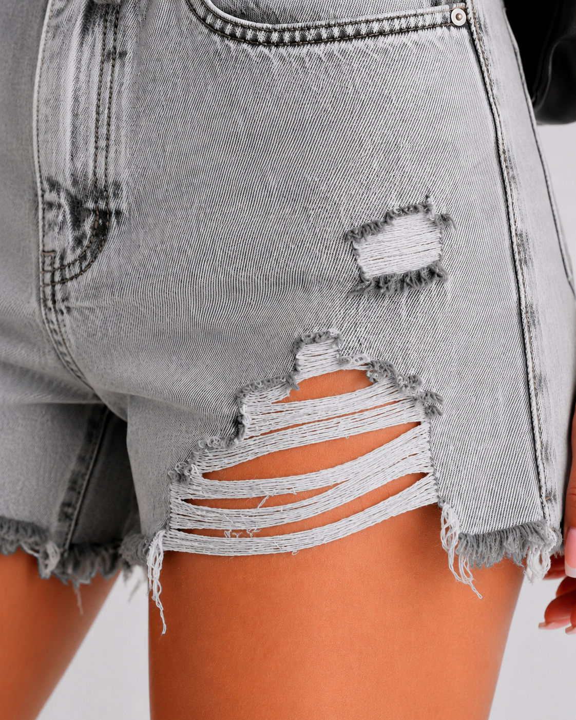 Pantaloni Scurți Damă din Denim, Talie Înaltă, Aspect Destroyed, Gri Deschis