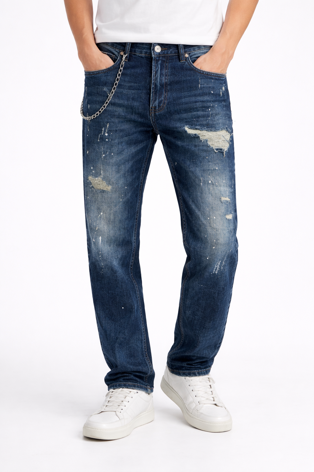 Blugi Bărbați Regular Fit Albastru Distressed cu Lanț – Jeans Streetwear Modern