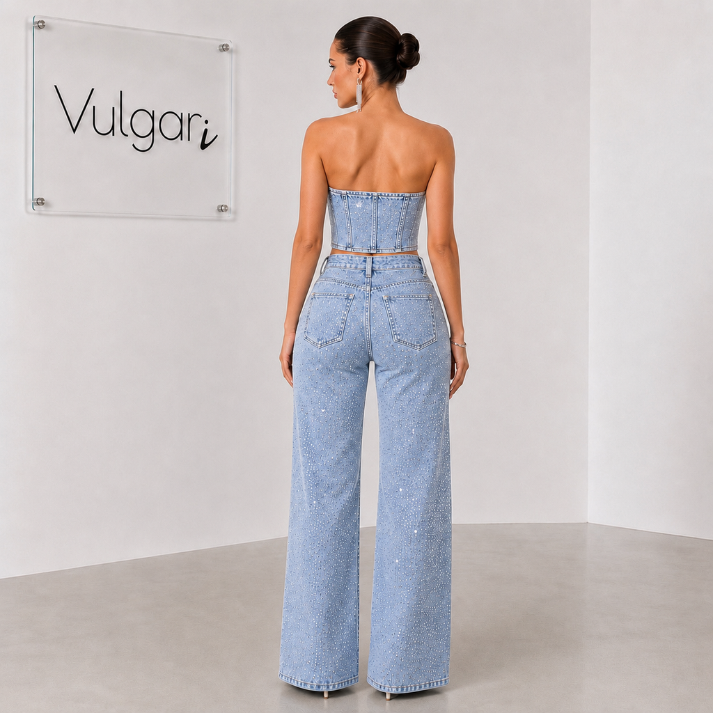 Compleu Damă Denim cu Pietre Diamond, Top Corset și Blugi Wide Leg, Albastru Deschis