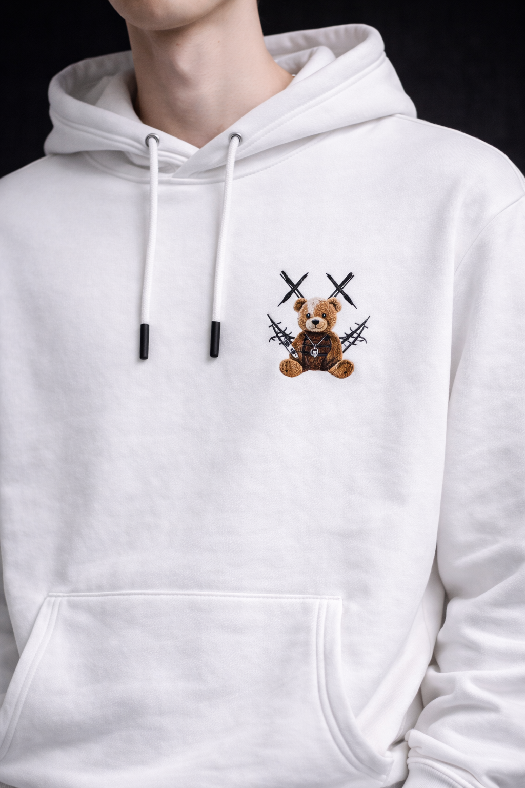 Hanorac Oversize Alb Bărbați – Bear Teddy Print Streetwear