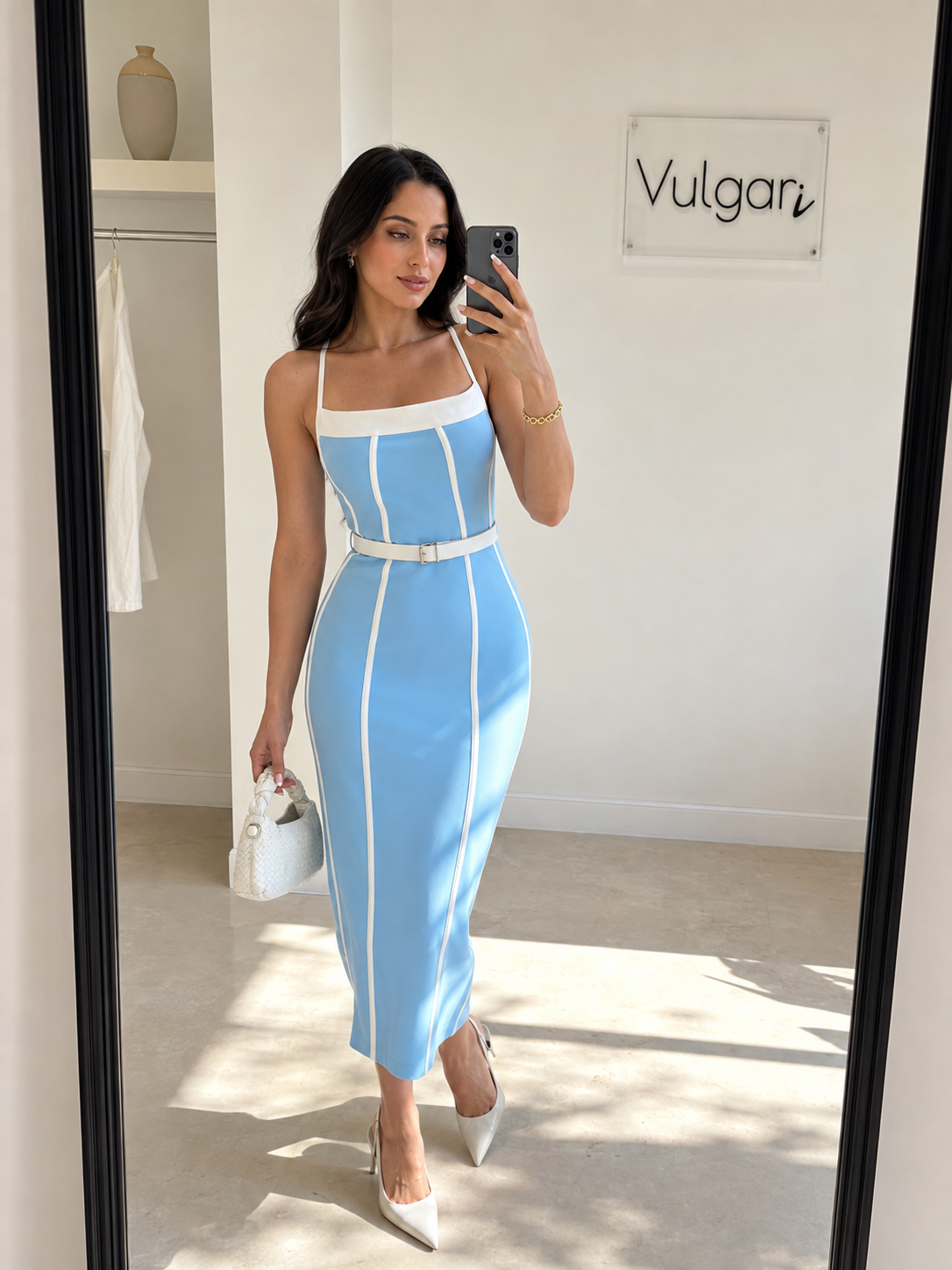 Rochie midi damă elegantă alb-albastru cu curea în talie