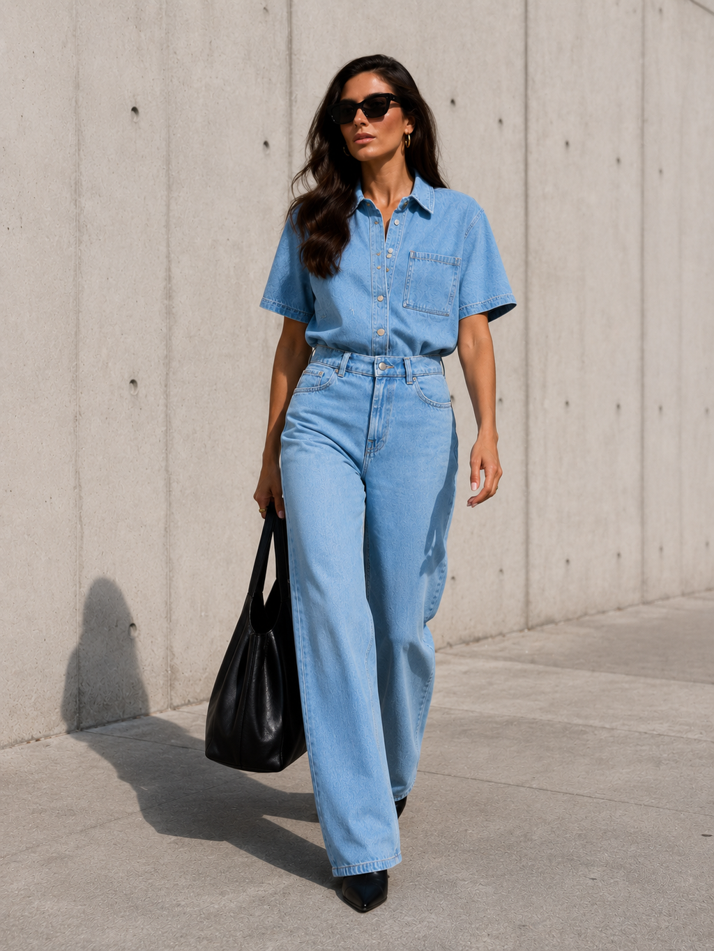 Compleu damă denim 2 piese, cămașă oversized și pantaloni scurți cu talie înaltă, albastru deschis