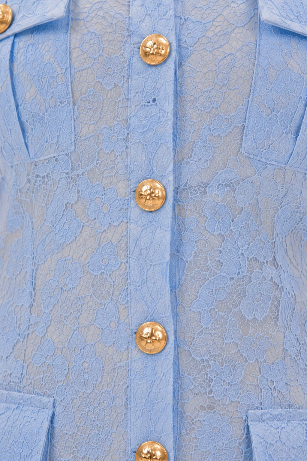 Rochie Midi Bleu din Dantelă, Croială Cambrată, Guler Alb și Nasturi Aurii | Vulgari