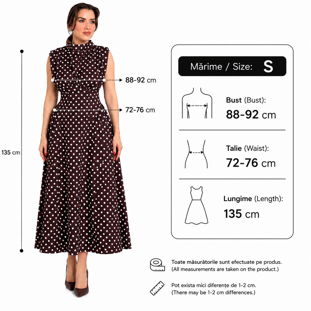 Rochie dama eleganta midi cu buline, fara maneci, croi clos, guler inalt, maro cu buline albe, casual, office, de ocazie
