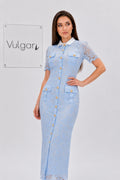 Rochie Midi Bleu din Dantelă, Croială Cambrată, Guler Alb și Nasturi Aurii | Vulgari