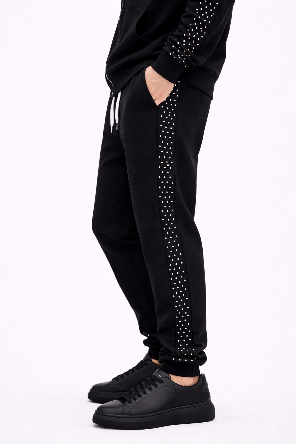Trening Unisex cu Pietricele Strălucitoare – Set Hanorac cu Fermoar și Pantaloni Sport Elegant