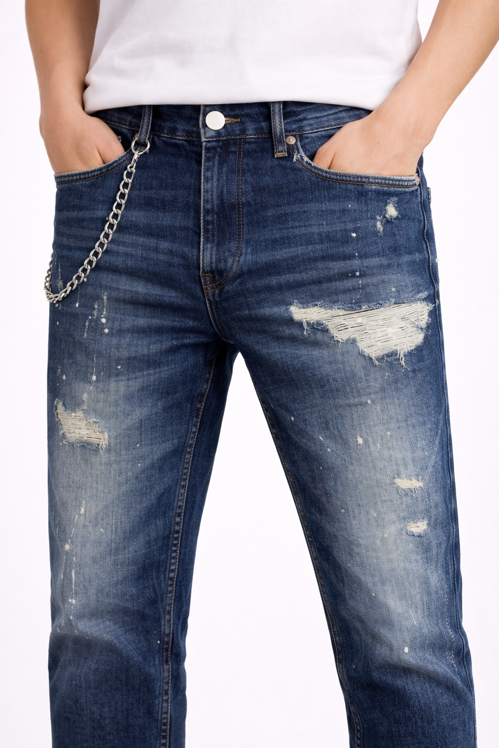 Blugi Bărbați Regular Fit Albastru Distressed cu Lanț – Jeans Streetwear Modern