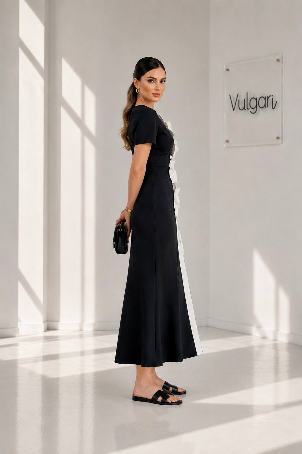 Rochie Midi Neagră cu Aplicații Florale 3D – Eleganță Premium | Vulgari