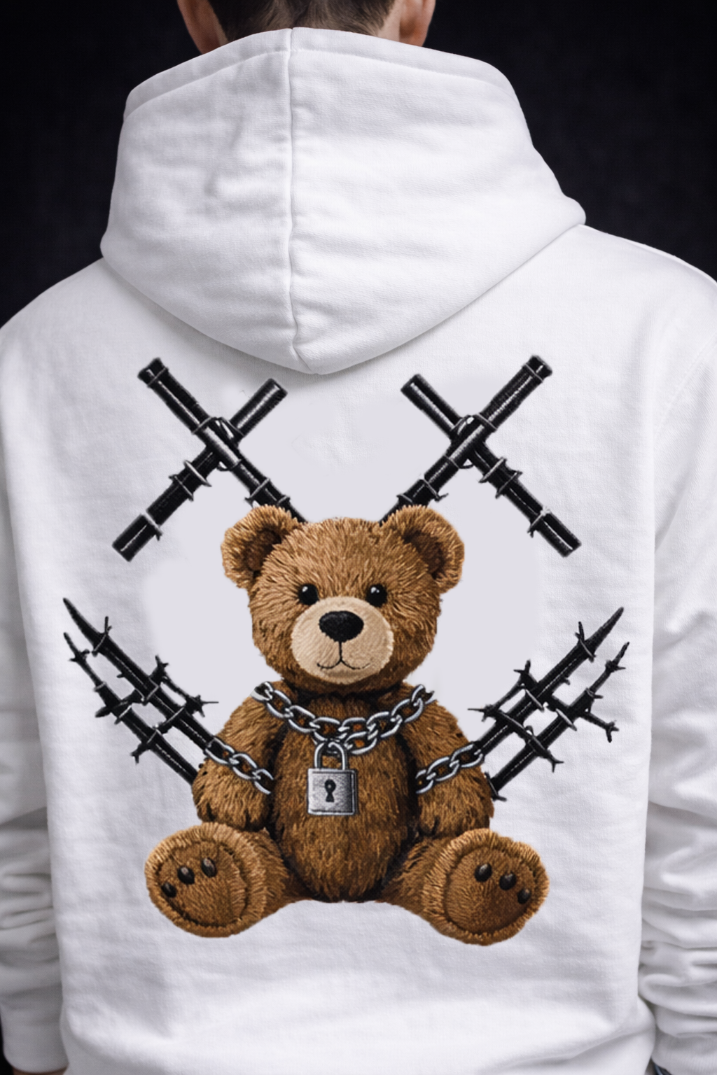 Hanorac Oversize Alb Bărbați – Bear Teddy Print Streetwear