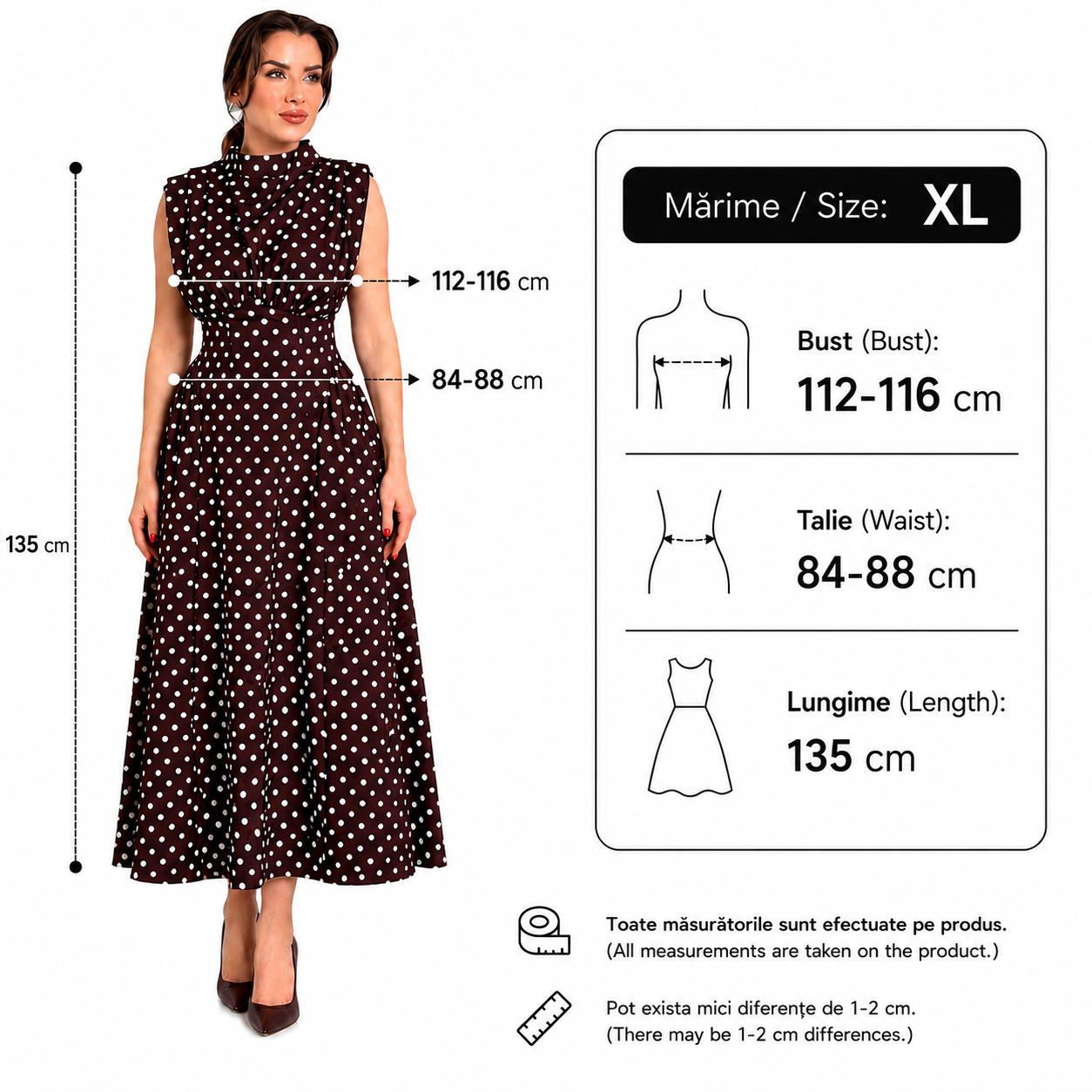 Rochie dama eleganta midi cu buline, fara maneci, croi clos, guler inalt, maro cu buline albe, casual, office, de ocazie