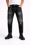 Blugi Bărbați Regular Fit Negri Distressed cu Lanț – Jeans Streetwear Modern
