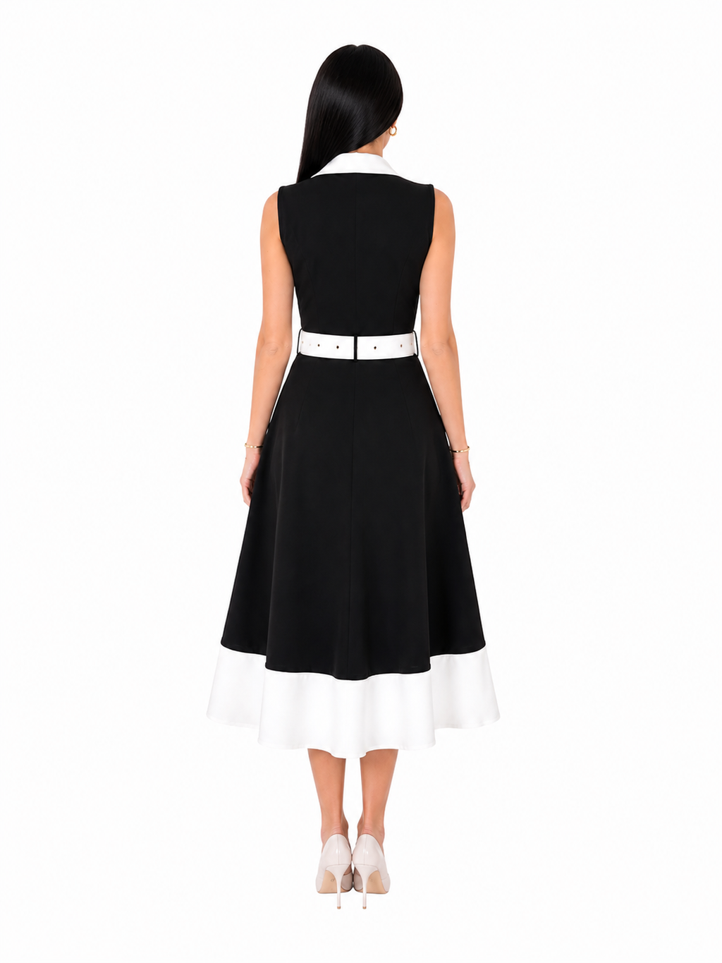 Rochie dama eleganta midi cu curea inclusa, fara maneci, croi clos, Negru cu alb, office, casual, de ocazie