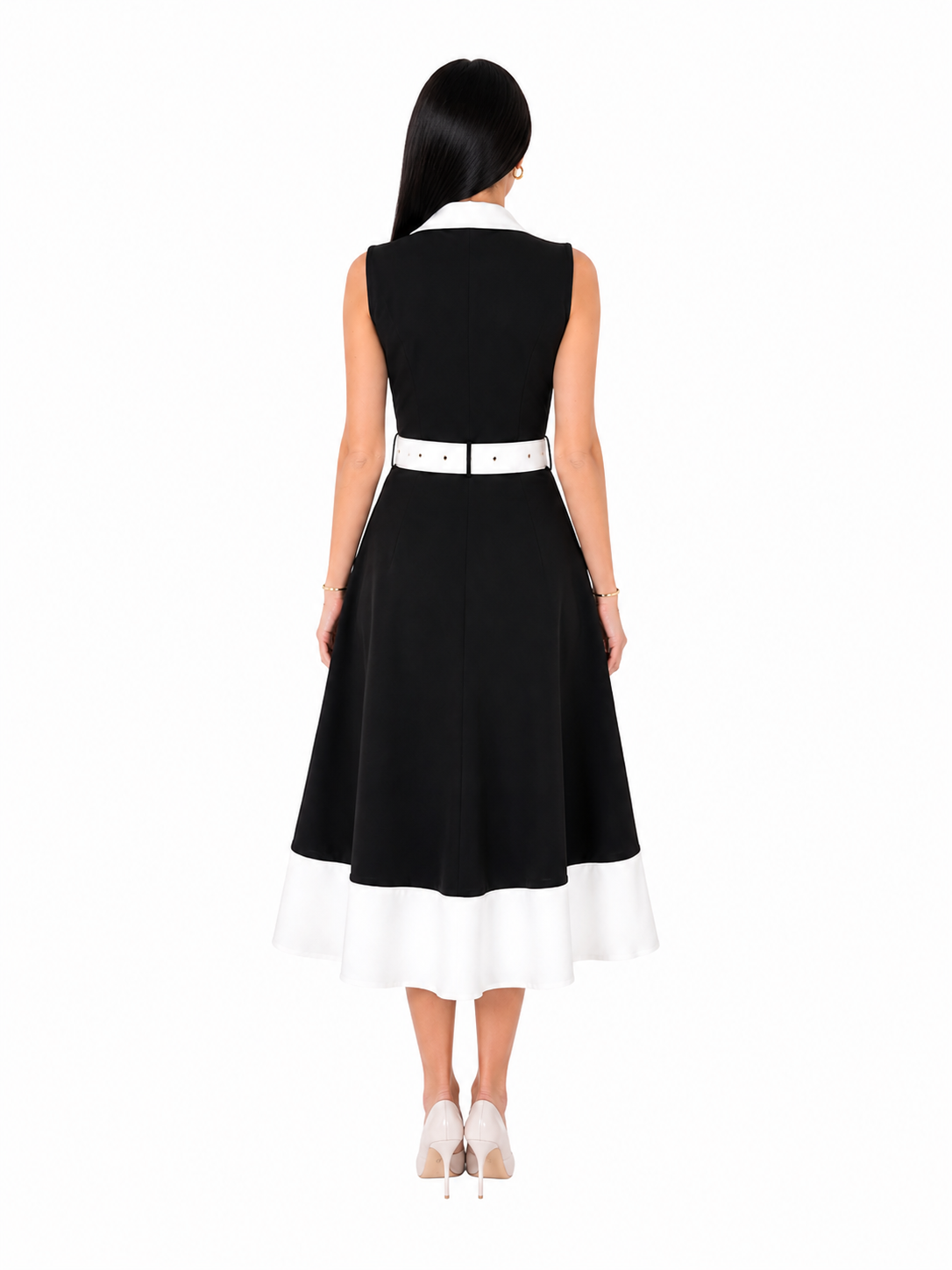 Rochie dama eleganta midi cu curea inclusa, fara maneci, croi clos, Negru cu alb, office, casual, de ocazie
