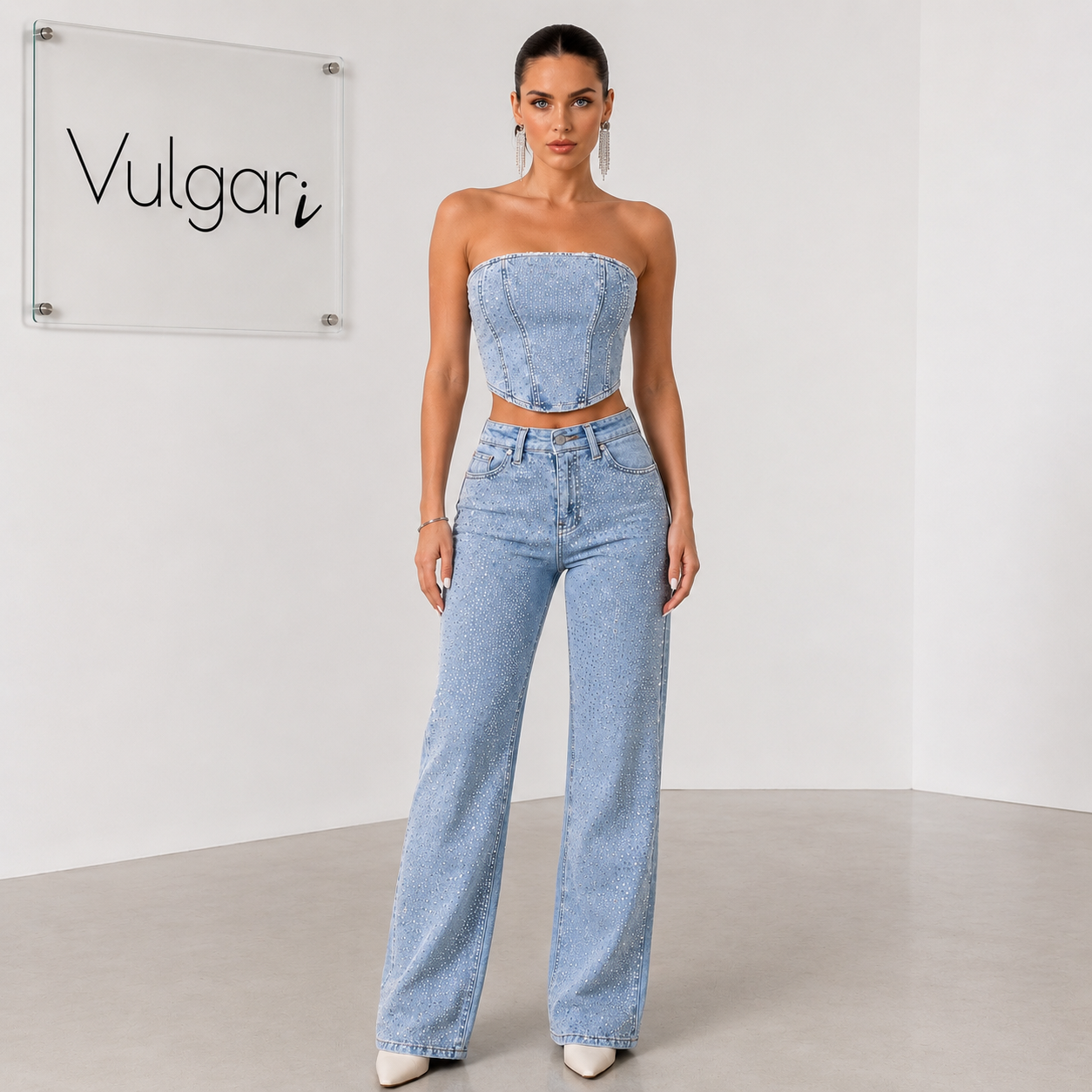 Compleu Damă Denim cu Pietre Diamond, Top Corset și Blugi Wide Leg, Albastru Deschis