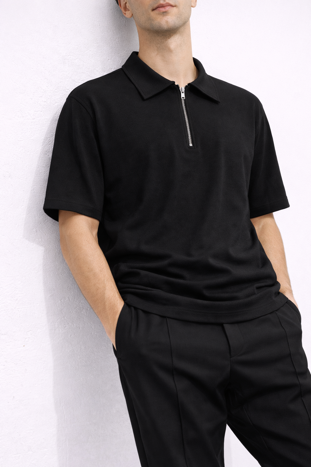 Tricou Polo Oversize Negru Bărbați – Casual cu Fermoar