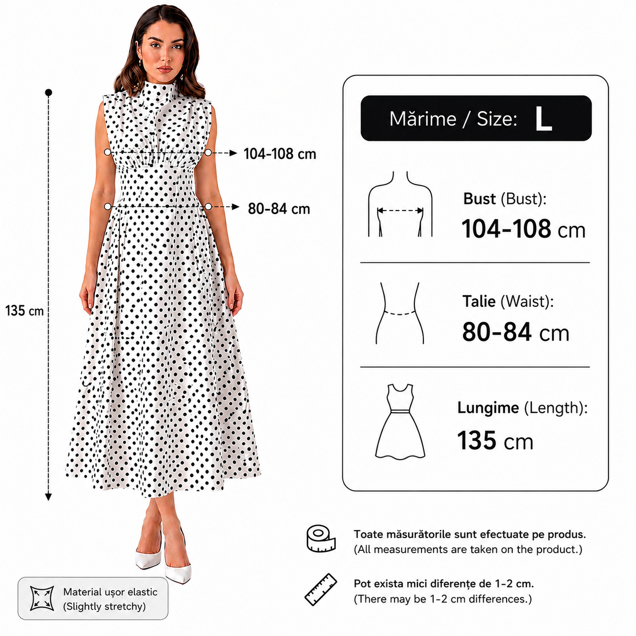 Rochie dama eleganta midi cu buline, fara maneci, croi clos, guler inalt, alba cu buline negre, casual, office, de ocazie