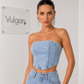 Compleu Damă Denim cu Pietre Diamond, Top Corset și Blugi Wide Leg, Albastru Deschis