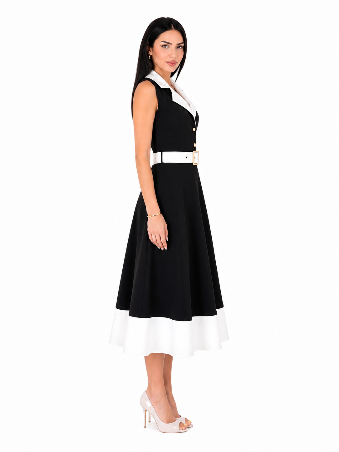 Rochie dama eleganta midi cu curea inclusa, fara maneci, croi clos, Negru cu alb, office, casual, de ocazie