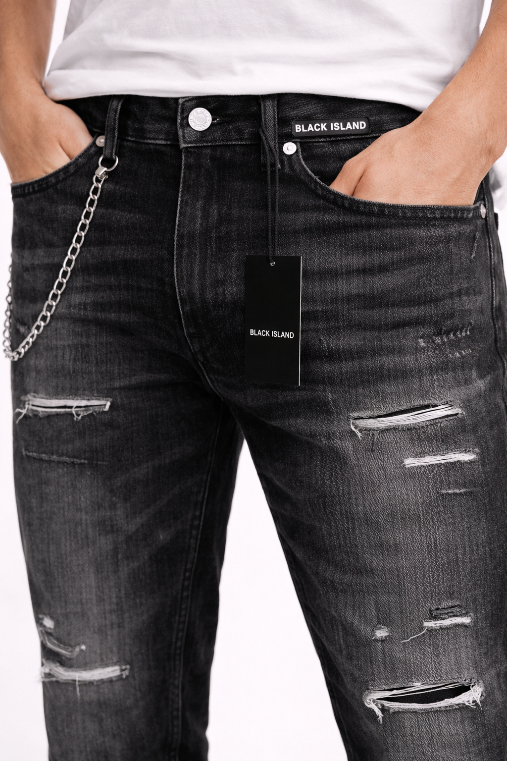 Blugi Bărbați Regular Fit Negri Distressed cu Lanț – Jeans Streetwear Modern