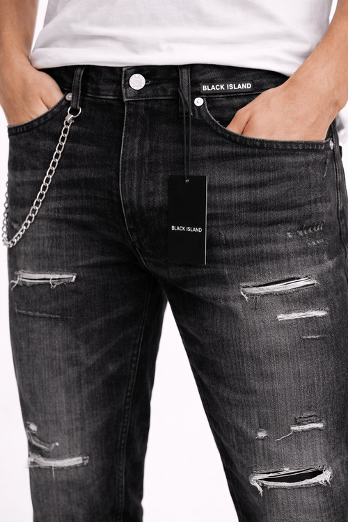 Blugi Bărbați Regular Fit Negri Distressed cu Lanț – Jeans Streetwear Modern