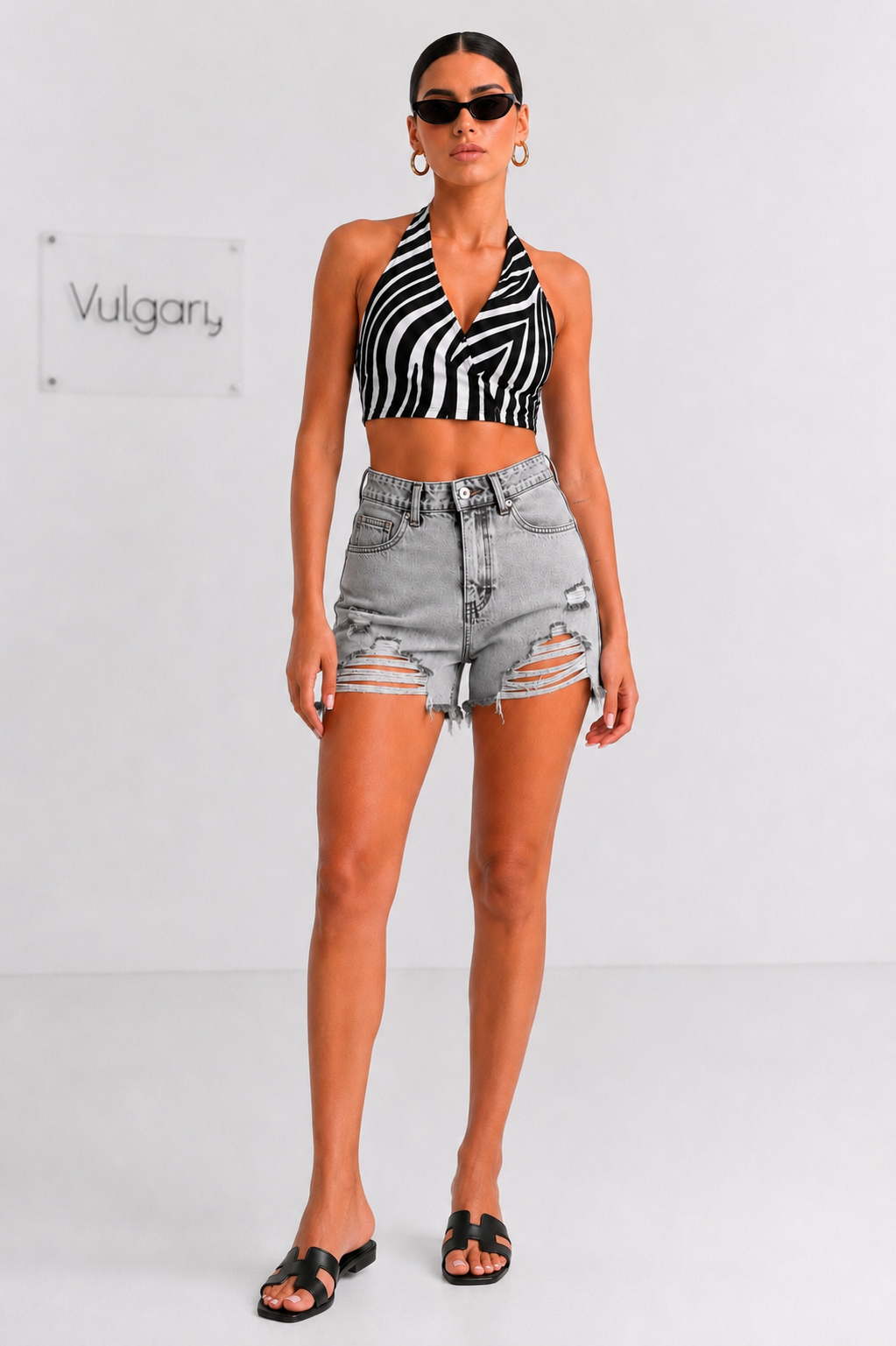 Pantaloni Scurți Damă din Denim, Talie Înaltă, Aspect Destroyed, Gri Deschis