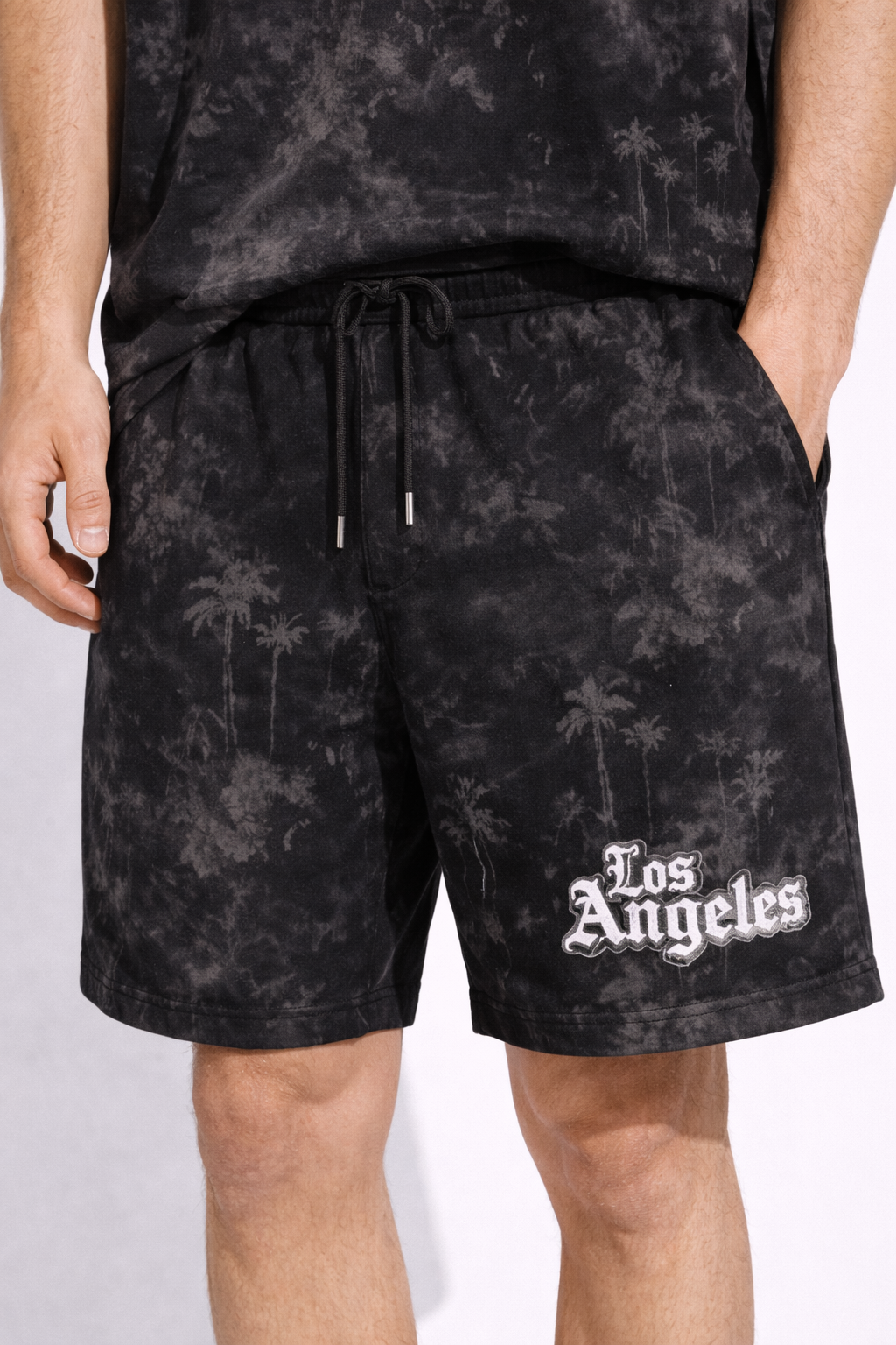 Compleu Sport Oversize Negru Bărbați – Tricou și Pantaloni Scurți Palm Print