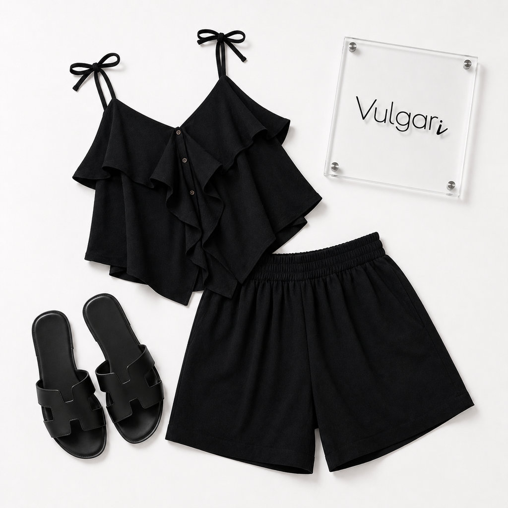 Compleu Damă Negru de Vară, Top cu Volane și Pantaloni Scurți Lejeri, Set 2 Piese
